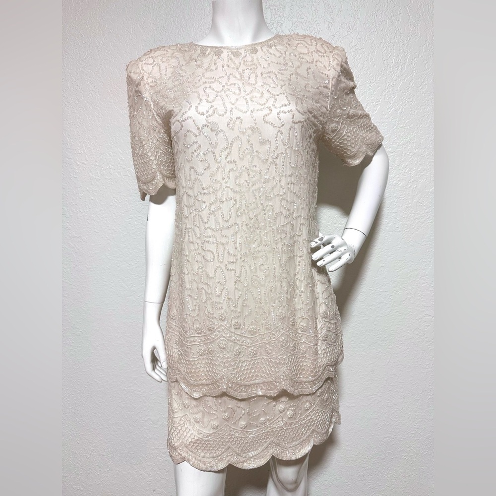 Beaded Dress Flapper Style 80s Silk Beaded Cocktail, Wedding Dress.